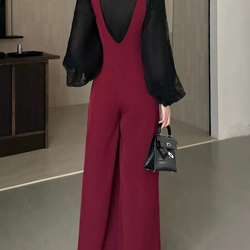 Load image into Gallery viewer, Temperament Two Piece Sets for Women Stand Neck Long Sleeves Spliced Lace Blouse Patchwork Bead Rompers Set Female
