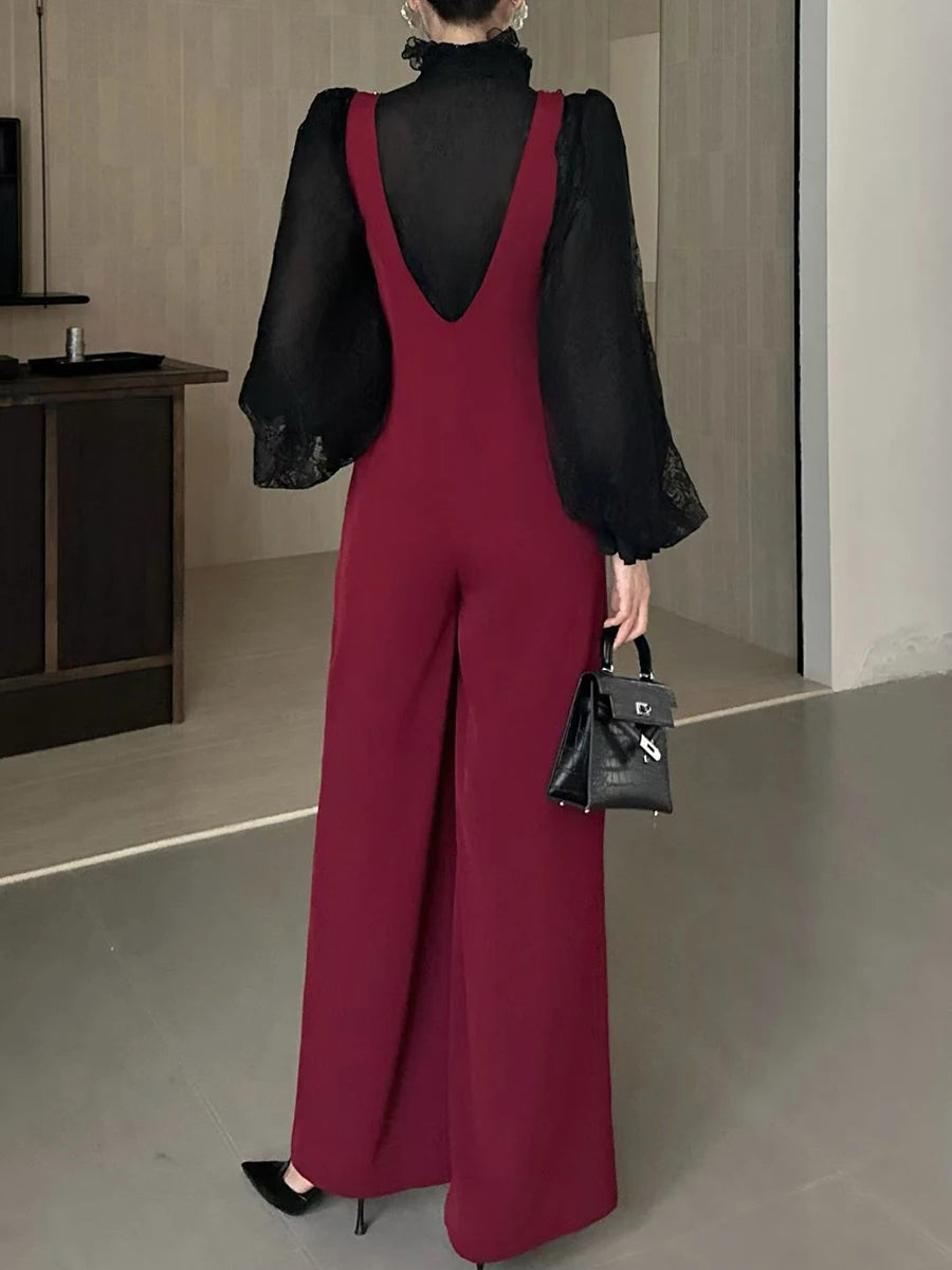 Temperament Two Piece Sets for Women Stand Neck Long Sleeves Spliced Lace Blouse Patchwork Bead Rompers Set Female