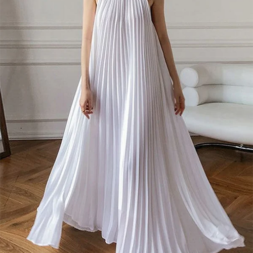 Load image into Gallery viewer, Summer Women Elegant Pleated Dresses Holiday Cocktail Party Birthday Halter Neck A-line Long White Dresses Woman
