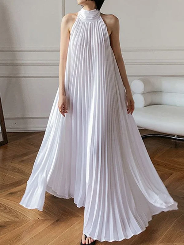Summer Women Elegant Pleated Dresses Holiday Cocktail Party Birthday Halter Neck A-line Long White Dresses Woman