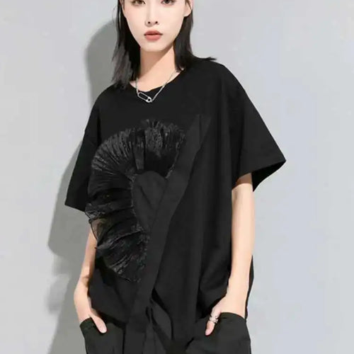 Load image into Gallery viewer, Women White Flower Ruffles Ribbon Big Size T-shirt New Round Neck Short Sleeve Fashion Tide Spring Summer  2025 1DE8699
