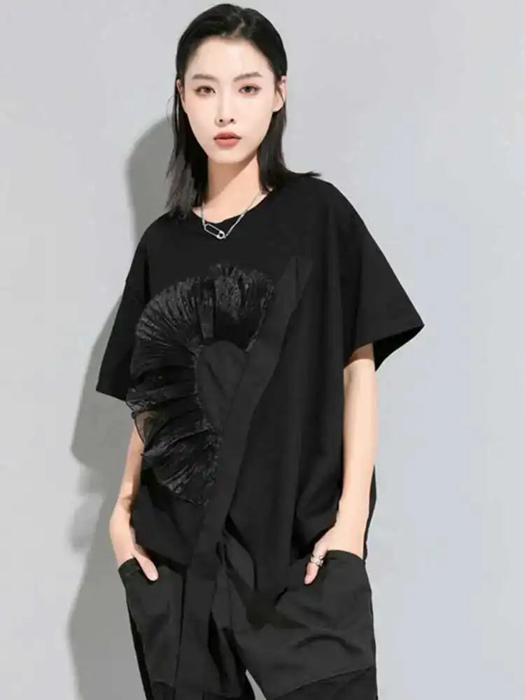 Women White Flower Ruffles Ribbon Big Size T-shirt New Round Neck Short Sleeve Fashion Tide Spring Summer  2025 1DE8699