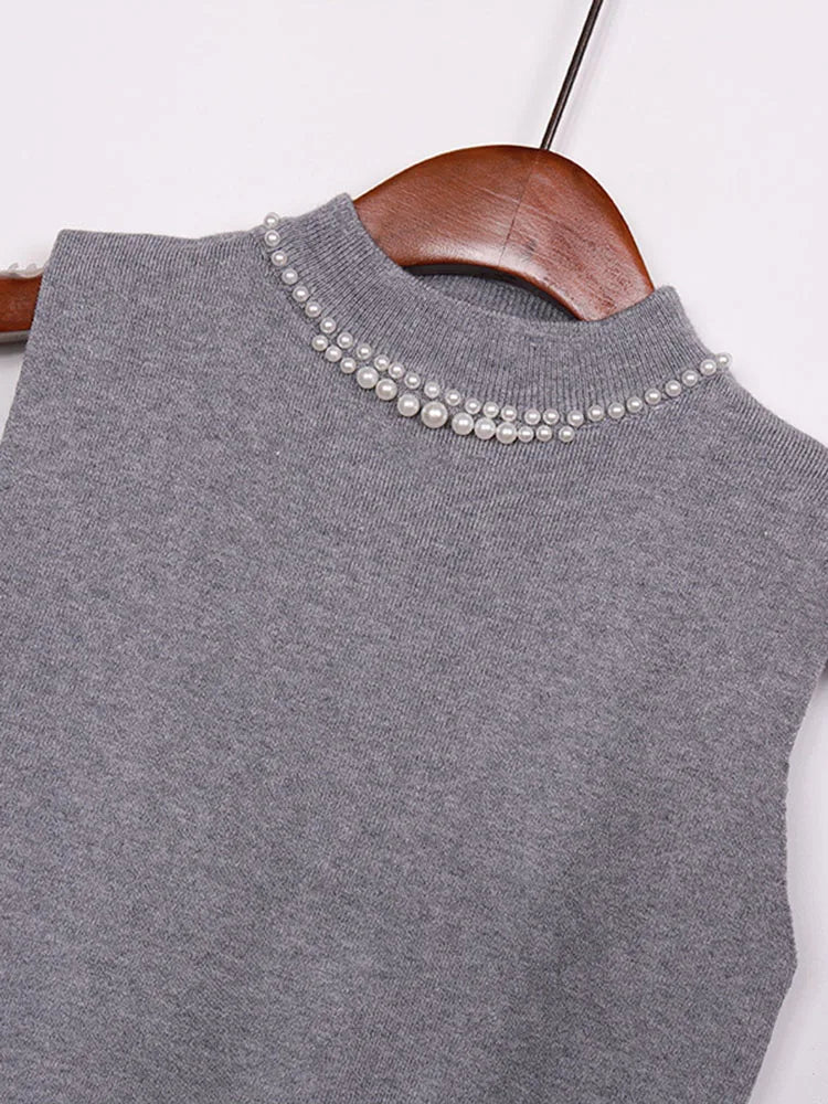 Spring Bottoming Sleeveless Vest Solid Camisole Inner Suit Beaded Sweaters Half Turtleneck Knitwear Tops B-023