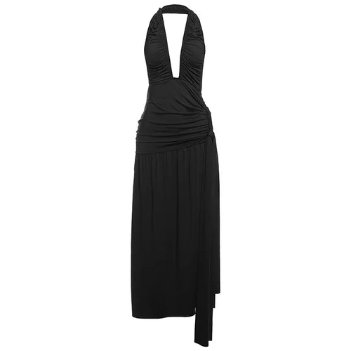 Load image into Gallery viewer, Halter Deep V Neck Sexy Maxi Dress For Women Gown Fashion Solid Sleeveless Backless Draped Ruched Bodycon Long Dress
