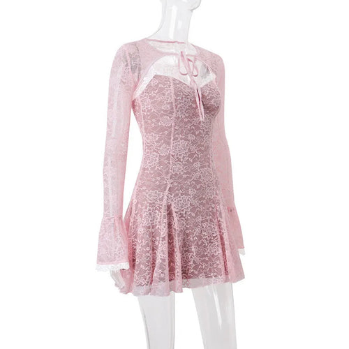 Load image into Gallery viewer, Lace Flare Long Sleeve Sexy Mini Dress For Women Robe Autumn New Pink O Neck A-line High Waist Pleated Dress Elegant
