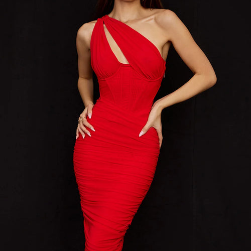 Load image into Gallery viewer, High Quality Mesh One Shoulder Backless Midi Dress For Women Fashion Hollow Out Sleeveless Ruched Long Dress Vestido
