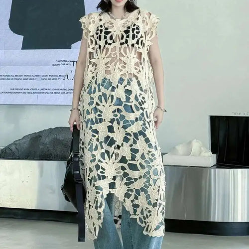 Load image into Gallery viewer, Women Black Lace Hollow Out Perspective Big Size Dress New Round Neck Sleeveless Fashion Tide Spring Summer 2025 1DJ0243
