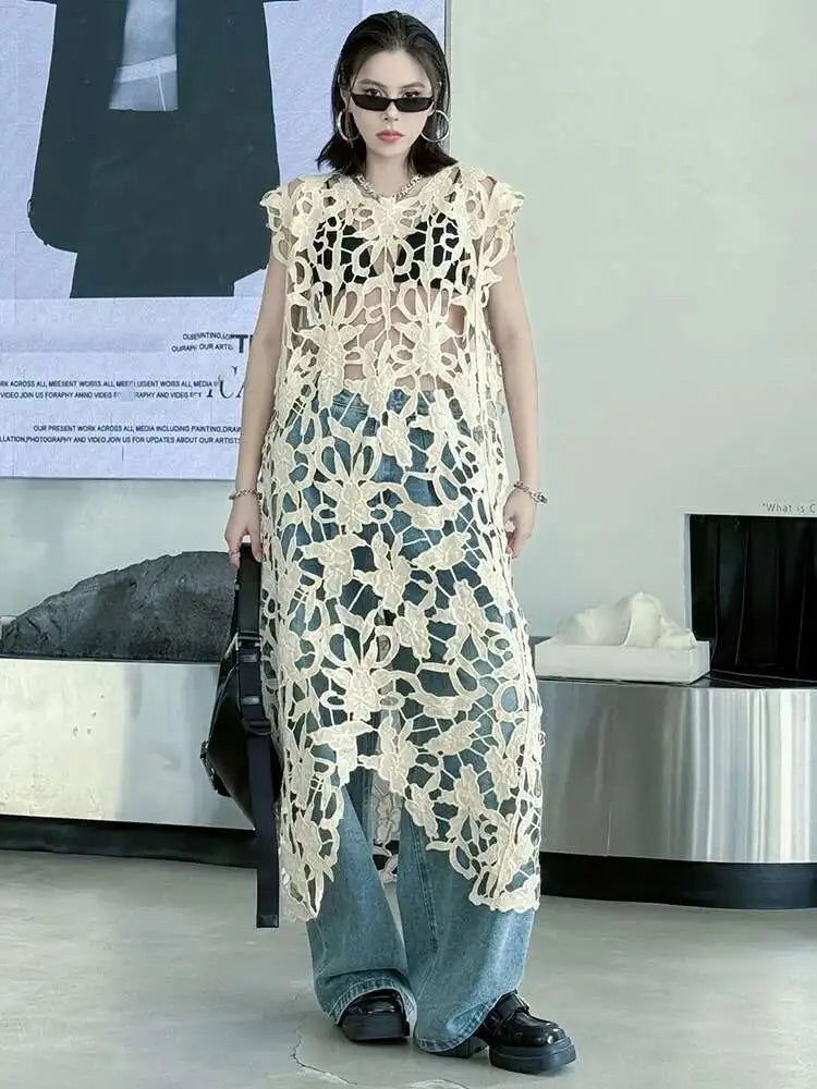 Women Black Lace Hollow Out Perspective Big Size Dress New Round Neck Sleeveless Fashion Tide Spring Summer 2025 1DJ0243