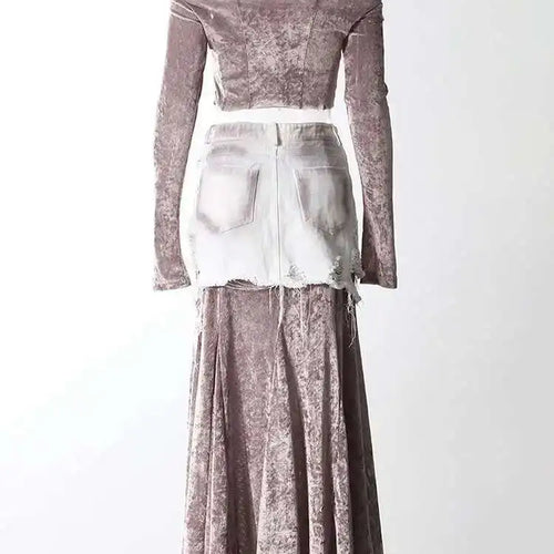 Load image into Gallery viewer, Velvet Denim T-shirt Half-body Skirt Two Pieces Suit New Slash Neck Long Sleeve Women Fashion Spring Autumn 2025 7AB6039
