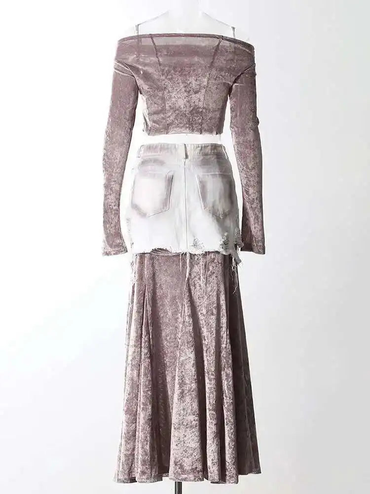 Velvet Denim T-shirt Half-body Skirt Two Pieces Suit New Slash Neck Long Sleeve Women Fashion Spring Autumn 2025 7AB6039