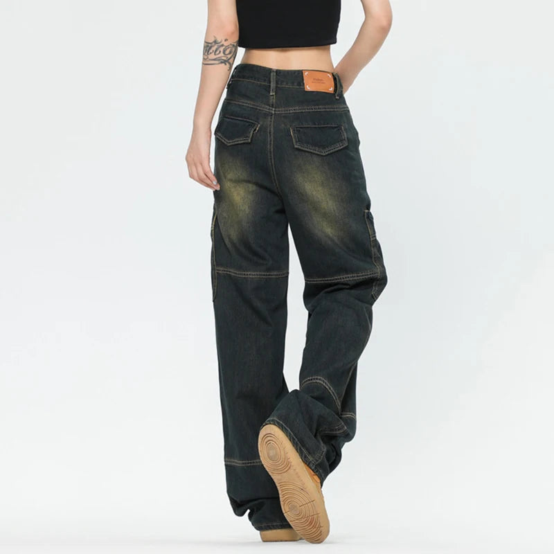 Men's Cargo Jeans Straight Wide Leg Loose Trendy Gradient Color Stylish New Summer American Style Male Trousers 9W1966