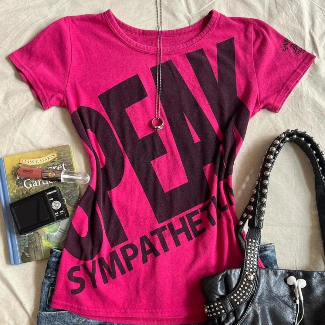 2025 Summer Letter Printing T-shirts Y2k Aesthetic Vintage Casual Fairy Cropped Tops Women Harajuku Grunge Bodycon Rose Red Tees