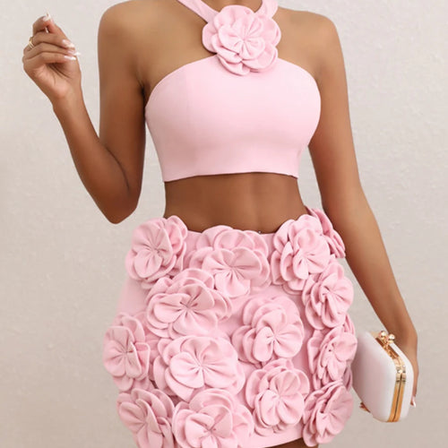 Load image into Gallery viewer, Solid Spliced Appliques Two Piece Set For Women Halter Sleeveless Top High Waist Mini Slimming Skirt Sets Female
