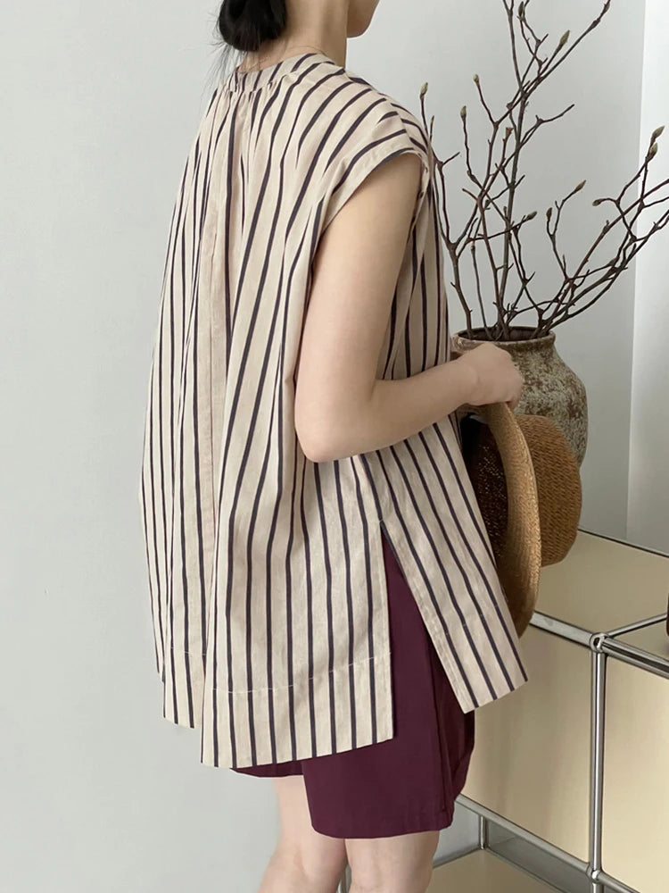 Women Black Striped Big Size Elegant Blouse New Stand Collar Sleeveless Shirt Fashion Tide Spring Summer  2025 1DJ1185