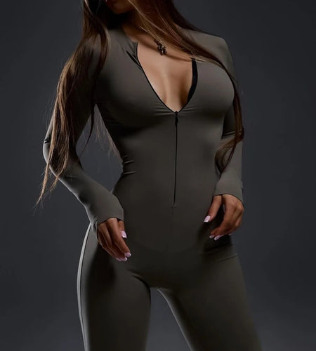 Autumn/Winter Long Sleeve Zipper Skinny Jumpsuit Women Elastic Tight Flare Playsuit Female Fashion Casual Sports Rompers
