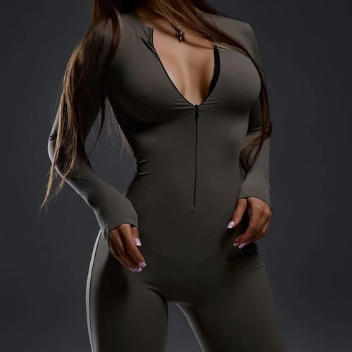 Load image into Gallery viewer, Autumn/Winter Long Sleeve Zipper Skinny Jumpsuit Women Elastic Tight Flare Playsuit Female Fashion Casual Sports Rompers
