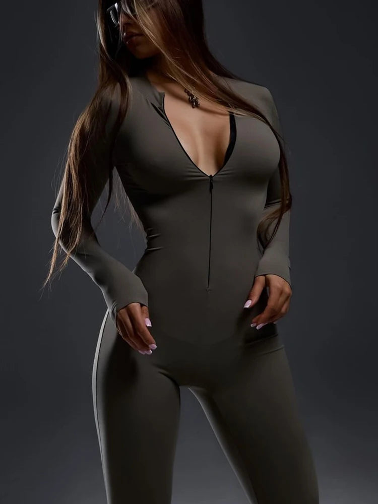 Autumn/Winter Long Sleeve Zipper Skinny Jumpsuit Women Elastic Tight Flare Playsuit Female Fashion Casual Sports Rompers