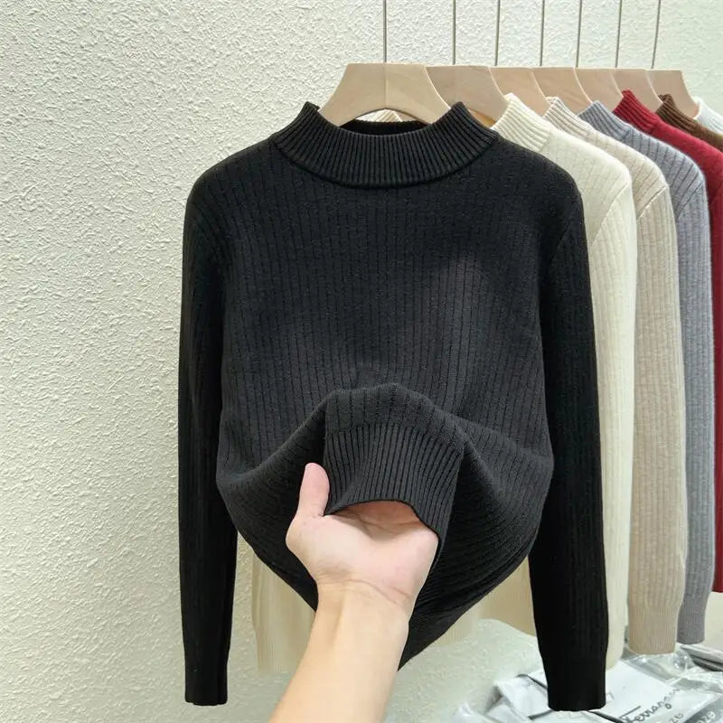 Autumn Winter Korean Fashion Solid Half High Neck Velvet Knitted Sweater Women Warm Long Sleeve Pullovers Top Versatile Clothing