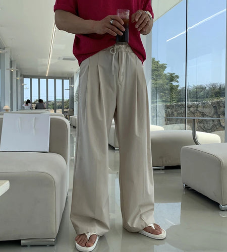 Men's Korean Style Casual Pants Loose Drawstring Design Straight Wide Leg Elastic Waist Male Clothing New Summer 9W1851