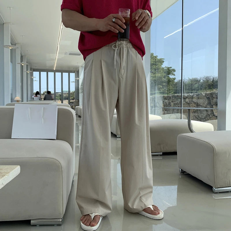 Men's Korean Style Casual Pants Loose Drawstring Design Straight Wide Leg Elastic Waist Male Clothing New Summer 9W1851
