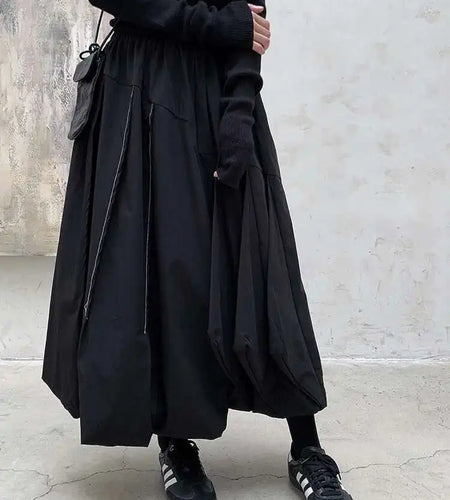 High Elastic Waist Black Brief Topstitched Long A-line Half-body Skirt Women Fashion Tide New Spring Autumn 2025 1DH8357