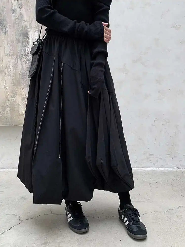 High Elastic Waist Black Brief Topstitched Long A-line Half-body Skirt Women Fashion Tide New Spring Autumn 2025 1DH8357