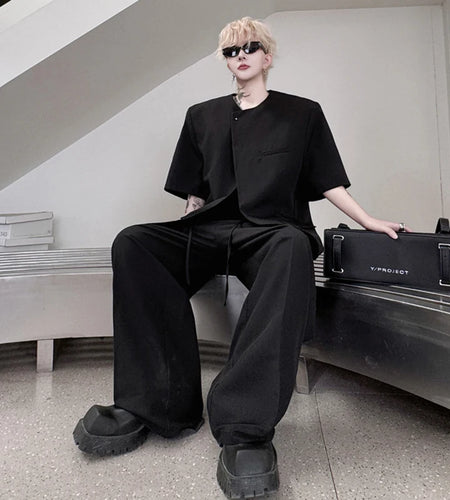 Male Suit Summer Solid Color Short Sleeve Loose Round Neck Single Breasted Men's Set Casual Straight Leg Pants 9W1493