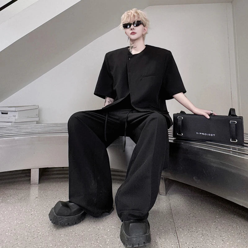 Male Suit Summer Solid Color Short Sleeve Loose Round Neck Single Breasted Men's Set Casual Straight Leg Pants 9W1493