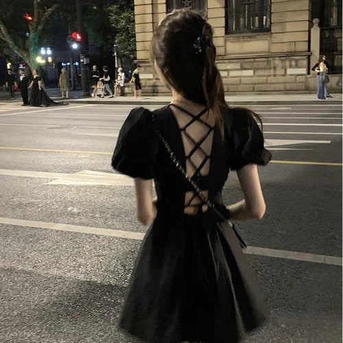 Load image into Gallery viewer, Summer Backless Black Mini Dress Women Gothic Harajuku Wrap Puff Sleeve Dresses Short Sleeve Korean Fashion Kpop
