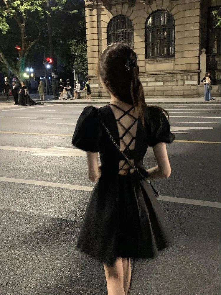 Summer Backless Black Mini Dress Women Gothic Harajuku Wrap Puff Sleeve Dresses Short Sleeve Korean Fashion Kpop