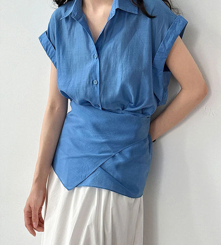 Women Blue Thin Irregular Bandage Big Size Blouse New Lapel Short Sleeve Shirt Fashion Tide Spring Summer 2025 1DJ1709