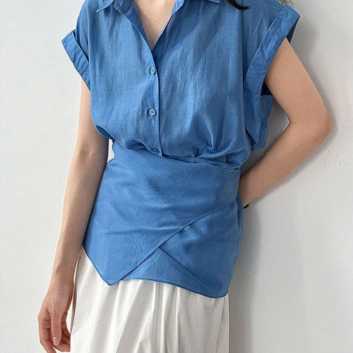 Load image into Gallery viewer, Women Blue Thin Irregular Bandage Big Size Blouse New Lapel Short Sleeve Shirt Fashion Tide Spring Summer 2025 1DJ1709
