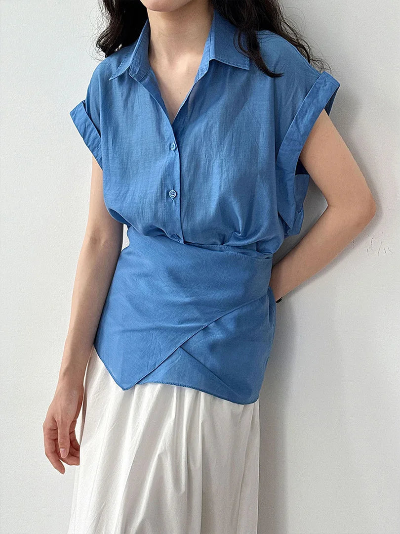 Women Blue Thin Irregular Bandage Big Size Blouse New Lapel Short Sleeve Shirt Fashion Tide Spring Summer 2025 1DJ1709