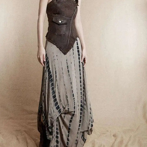 Load image into Gallery viewer, Women Brown Irregular Spliced Tie Dye Vintage Long Strapless Dress New Sleeveless Fashion Tide Spring Autumn 2025 1DH9375
