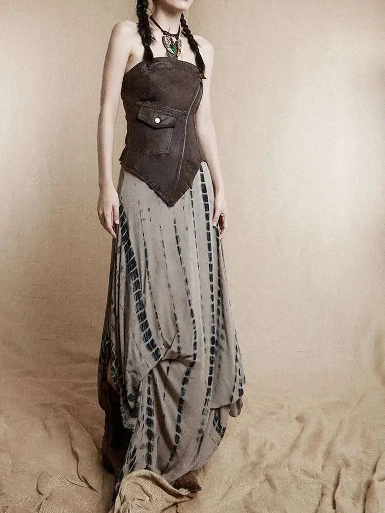 Women Brown Irregular Spliced Tie Dye Vintage Long Strapless Dress New Sleeveless Fashion Tide Spring Autumn 2025 1DH9375