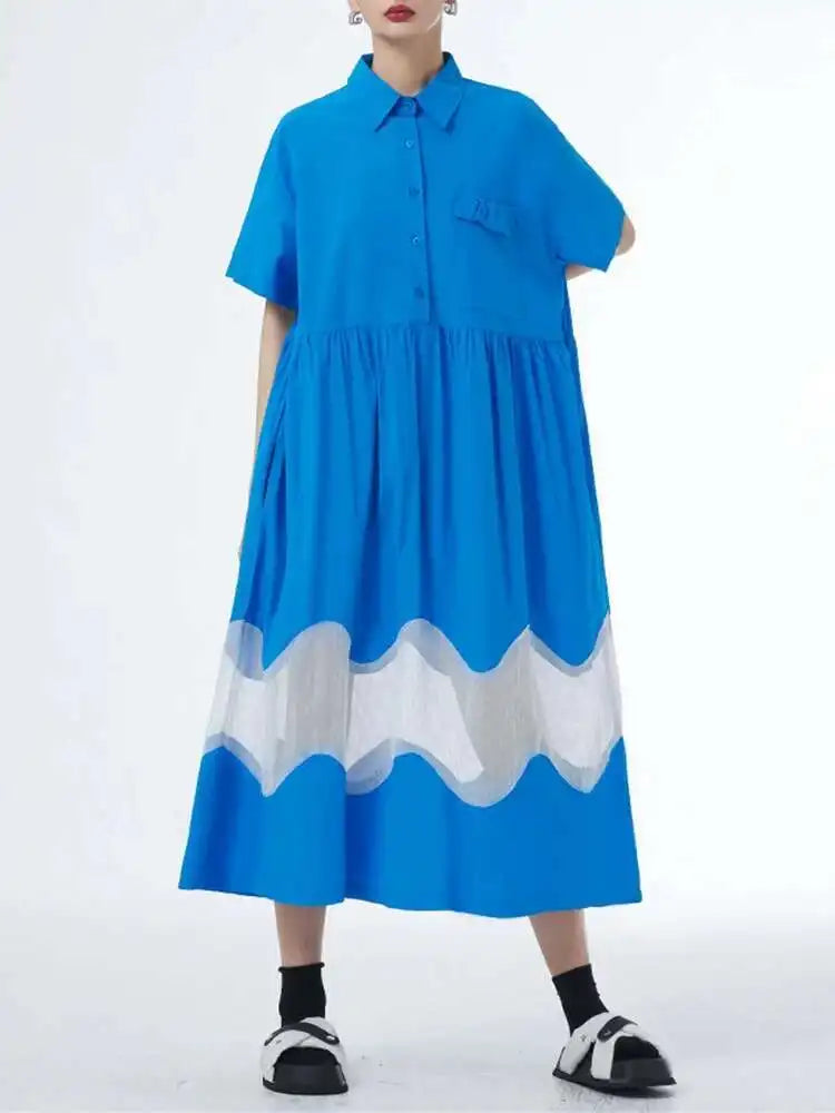 Women Blue Perspective Big Size Shirt Dress New Lapel Short Sleeve Loose Fit Fashion Tide Spring Summer 2025 1DF8791