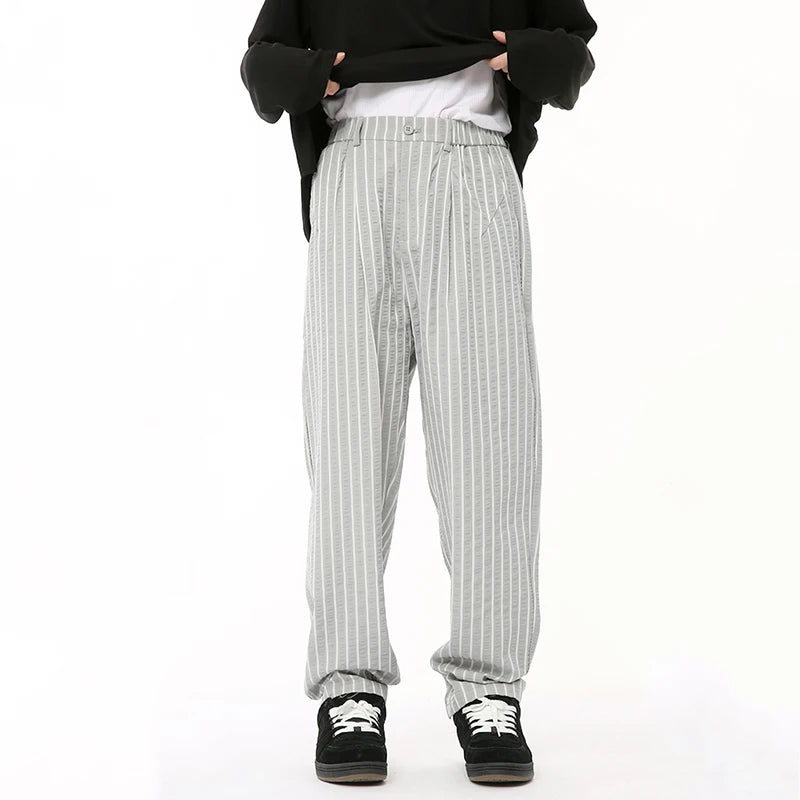 Summer Male Pants Vertical Stripe Contrast Color Casual Menwear Wide Leg Loose Straight Button Korean Style 9C6569