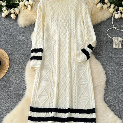 Load image into Gallery viewer, Autumn Winter Patchwork Elegant High Neck Knit Dress Women Korean Fashion Long Sleeves Slim 2024 New Loose Sweater Dresses Trend
