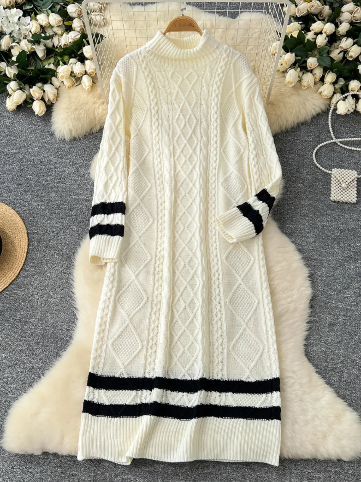 Autumn Winter Patchwork Elegant High Neck Knit Dress Women Korean Fashion Long Sleeves Slim 2024 New Loose Sweater Dresses Trend