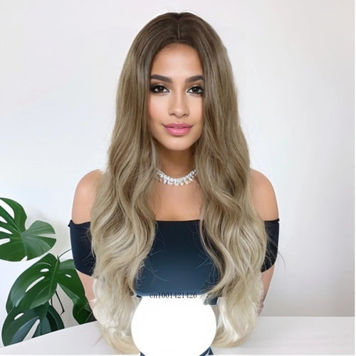 Load image into Gallery viewer, Synthetic Long Wavy Wigs for White Women Hairstyles One Size Brown Ombre Blonde Wig with Side Bangs Casual Hair Replacement
