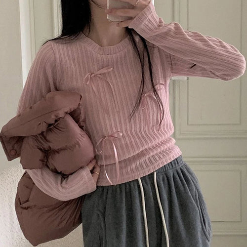 Load image into Gallery viewer, Sweet Bow Knit Spring Top Long Sleeve Pink Bow Cutecore Korean Style Women&#39;s Tee Shirts Coquett Clothes Basic Outfits
