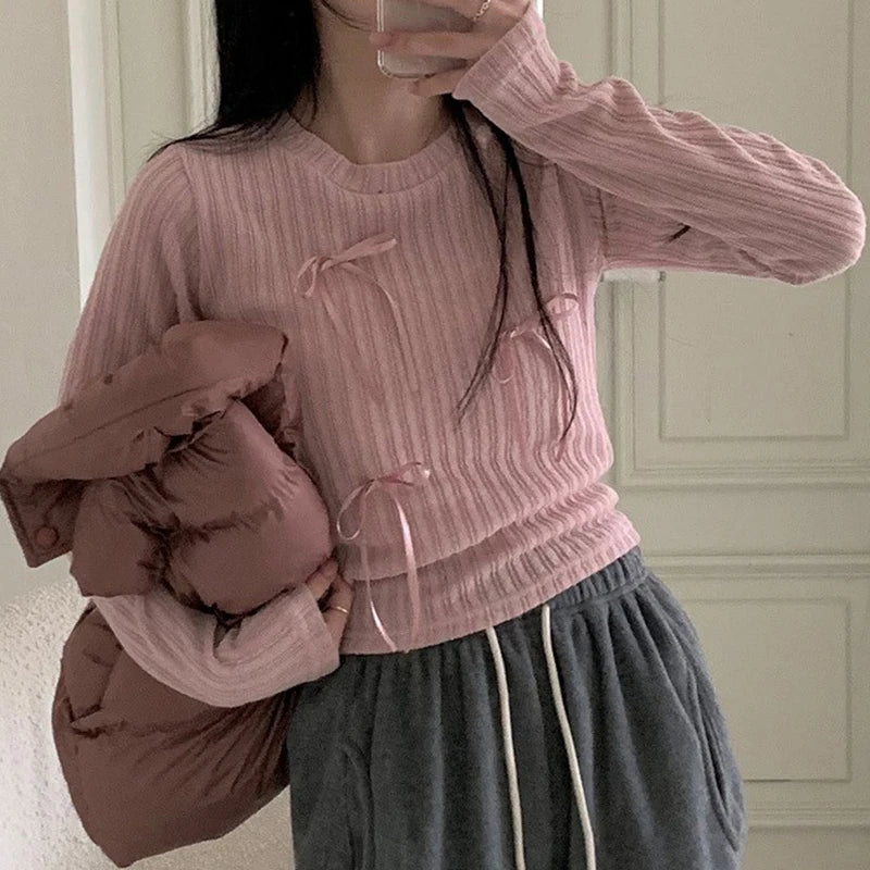 Sweet Bow Knit Spring Top Long Sleeve Pink Bow Cutecore Korean Style Women's Tee Shirts Coquett Clothes Basic Outfits