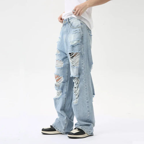 Load image into Gallery viewer, Niche Style Men&#39;s Denim Pants Loose Hole Straigth Trousers Wide Leg Male Casual Buttom zippers  Summer Fashion 9C6314
