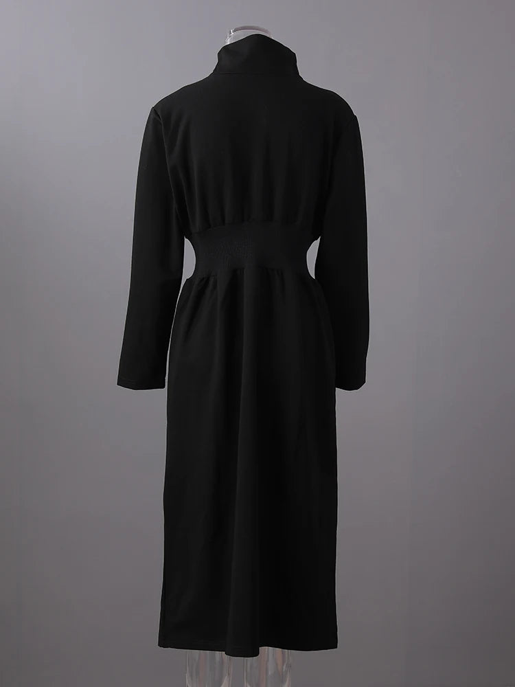 Women Black Zipper Irregular Hem Slit Midi Dress New Turtleneck Long Sleeve Fashion Tide Spring Autumn 2025 1DH9354