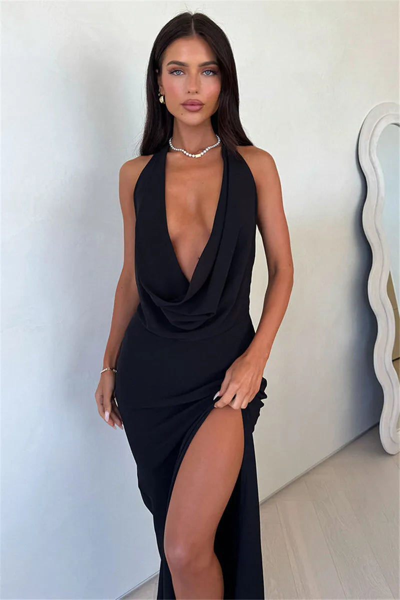 Halter Deep V Neck Sexy Maxi Dress Women Gown Fashion Sleeveless Backless Thigh High Split Bodycon Club Long Dress