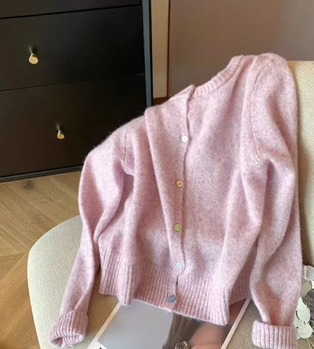 Simple 2024 Autumn Winter Women's New Pink Round Neck Cardigan Sweater French Single Breasted Long Sleeve Fashion Versatile Tops
