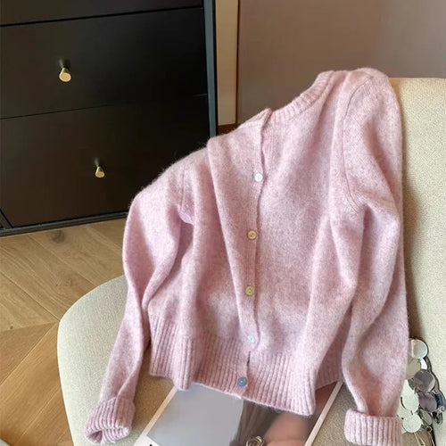 Load image into Gallery viewer, Simple 2024 Autumn Winter Women's New Pink Round Neck Cardigan Sweater French Single Breasted Long Sleeve Fashion Versatile Tops
