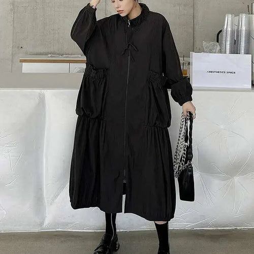 Load image into Gallery viewer, Women Khaki Pleated Big Size Casual Midi Dress New Stand Collar Long Sleeve Fashion Tide Spring Autumn 2025 1DH6824
