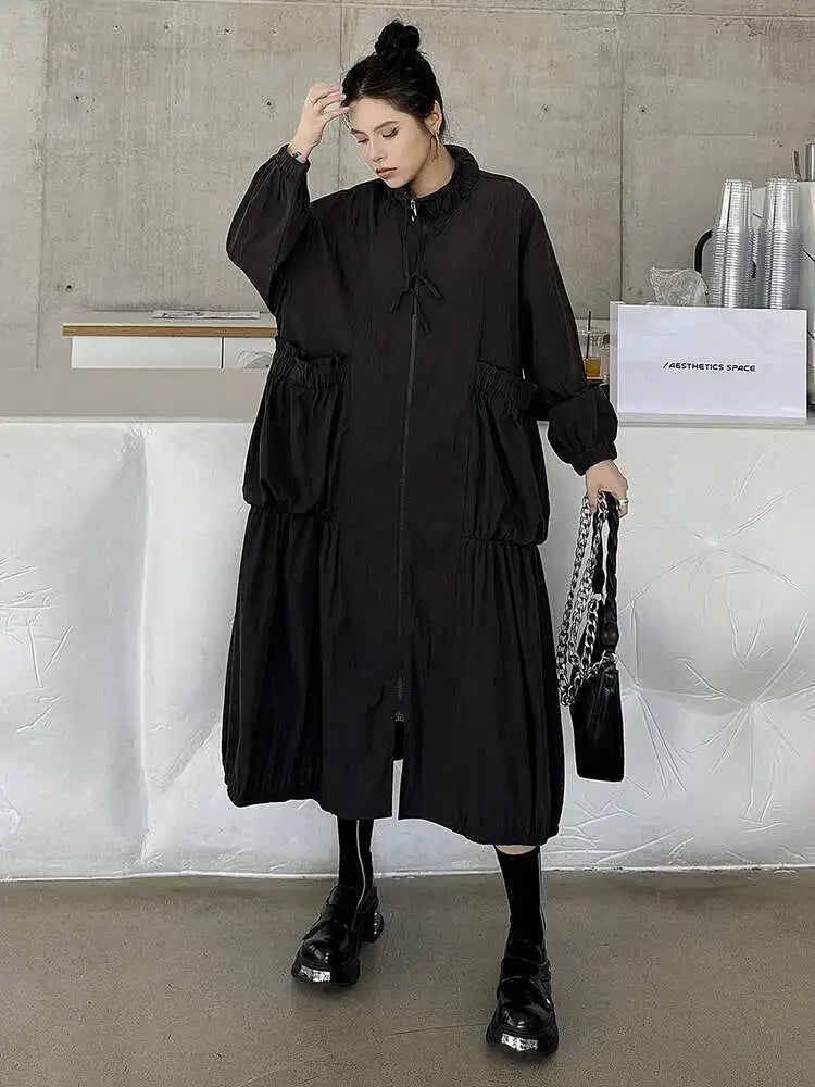 Women Khaki Pleated Big Size Casual Midi Dress New Stand Collar Long Sleeve Fashion Tide Spring Autumn 2025 1DH6824