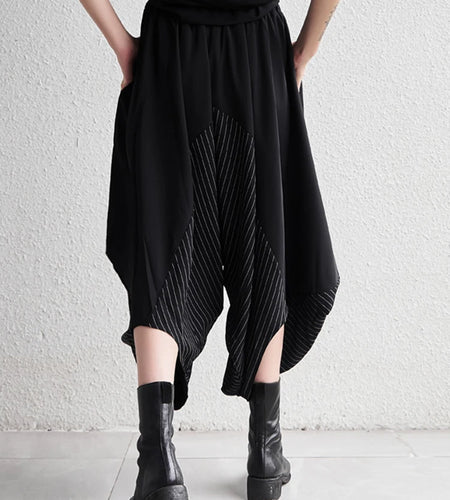 High Elastic Waist Black Striped Spliced Harem Trousers New Loose Fit Pants Women Fashion Tide Spring Summer 2025 1DE0542